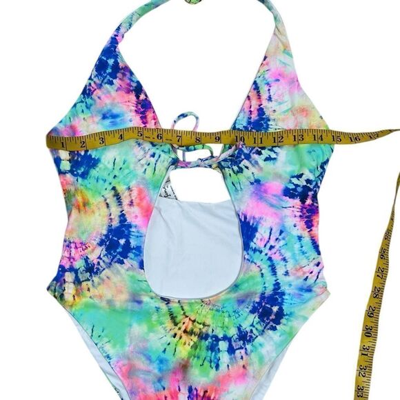 Luli Fama Neon Tie Dye Celestial Dreams Tie Front High Leg One Piece Swimsuit - Picture 15 of 16